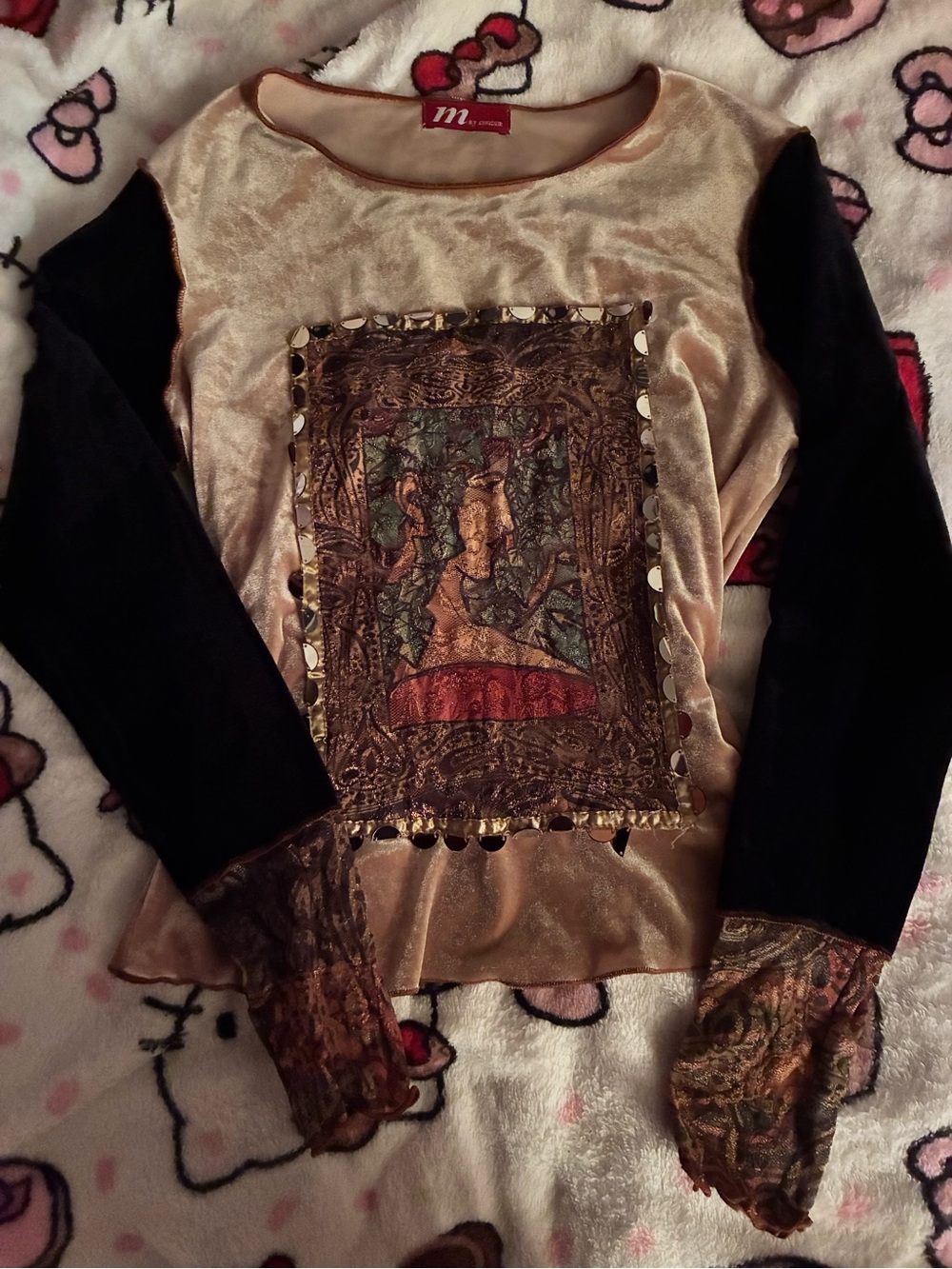 Velvet Gold and Black Long-Sleeve Graphic Women's Top Y2K